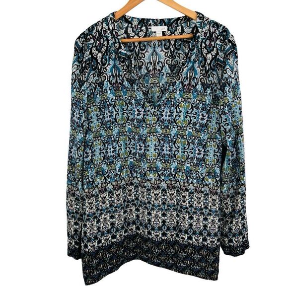 J. Jill turquoise and green printed split neck lightweight tunic top size large - Picture 1 of 6